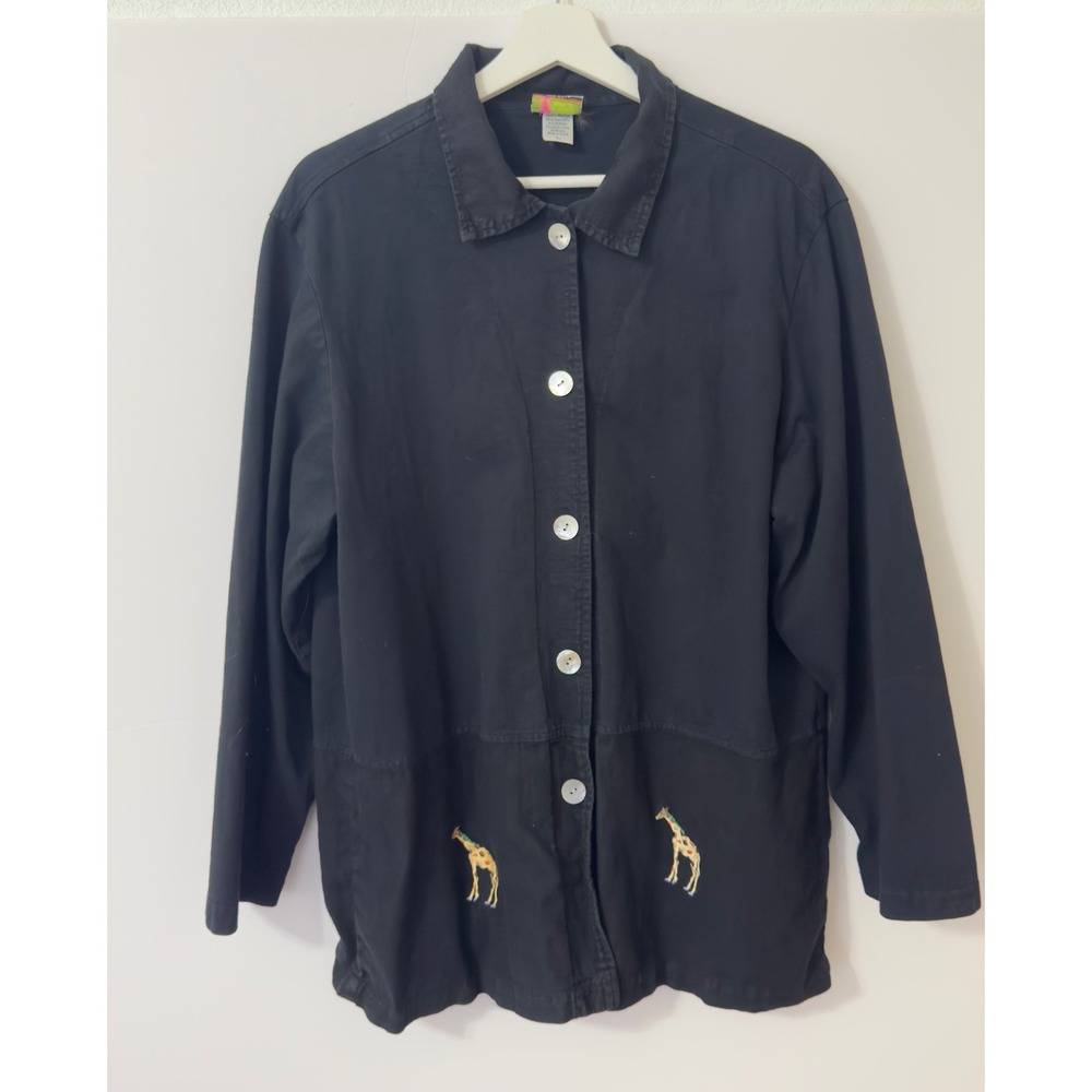 Cactus California Womens Black Giraffe Embroidered Button Up‎ Shirt Jacket Large